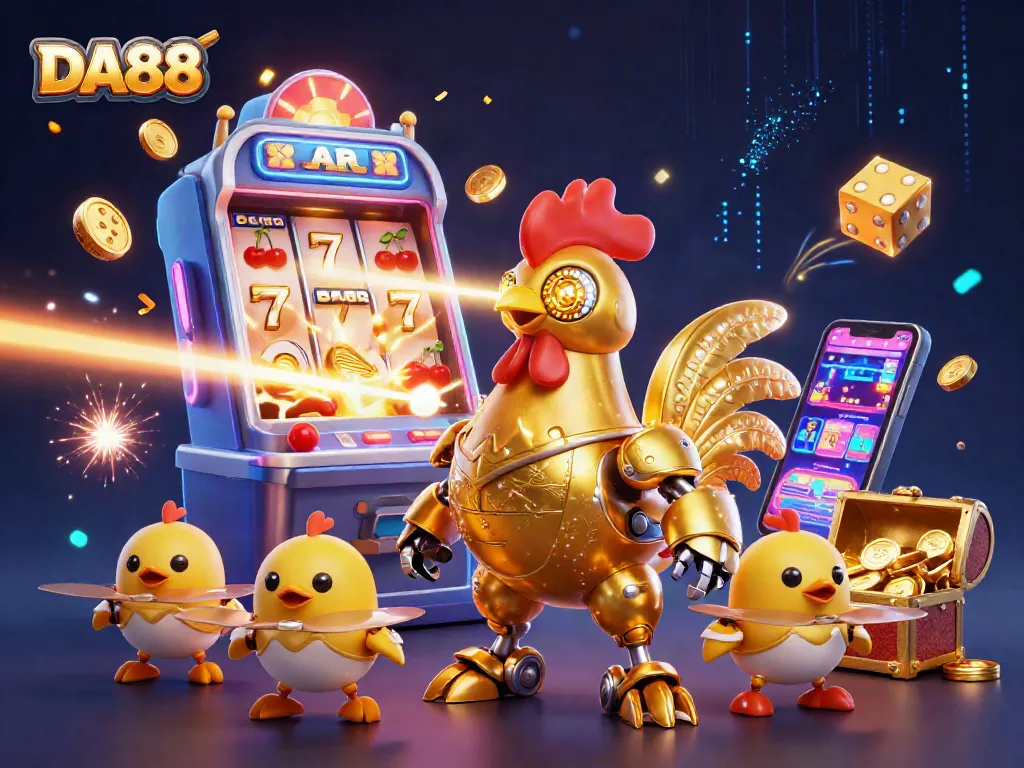 DA88 casino experience showcasing golden rooster robot amidst slots and jackpots.