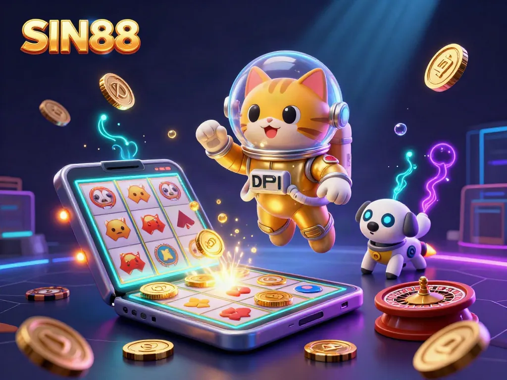 Experience the thrilling gaming atmosphere of SIN88 with a vibrant 3D casino illustration featuring slot games and dazzling characters.
