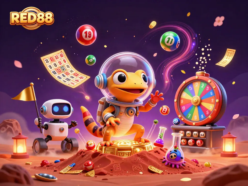 Experience the excitement of RED88 as a Martian gecko uncovers a golden casino with dynamic gaming elements.