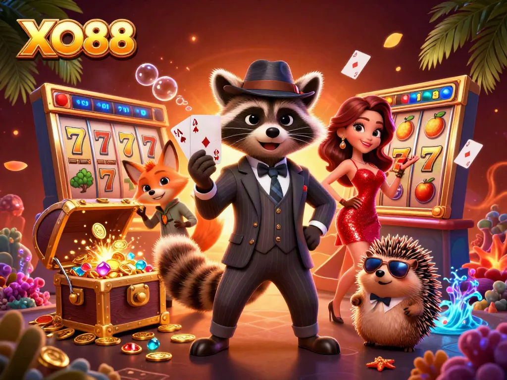Experience thrilling wins at XO88 with a playful raccoon and fox in a vibrant casino scene.