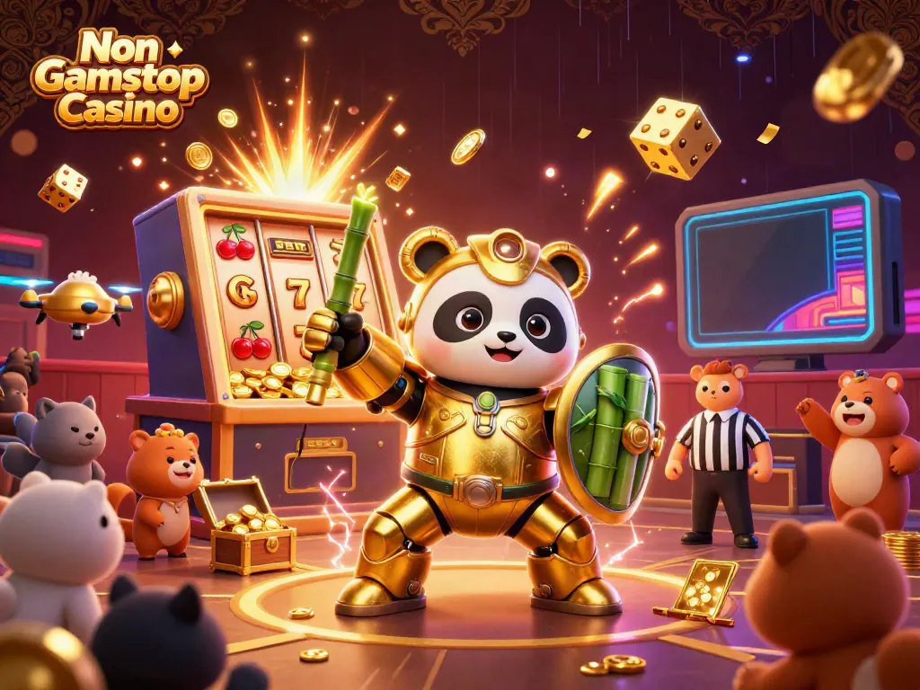 Experience the excitement of Non Gamstop Casino with a dynamic scene of a golden panda in mech-suit amidst vibrant gaming elements.