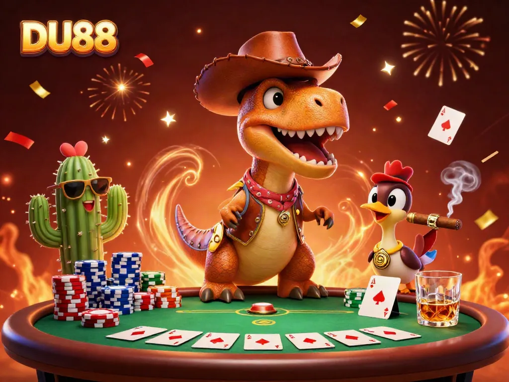 Engage in the thrilling experience of DU88 at a dynamic poker scene with cowboys and chips.