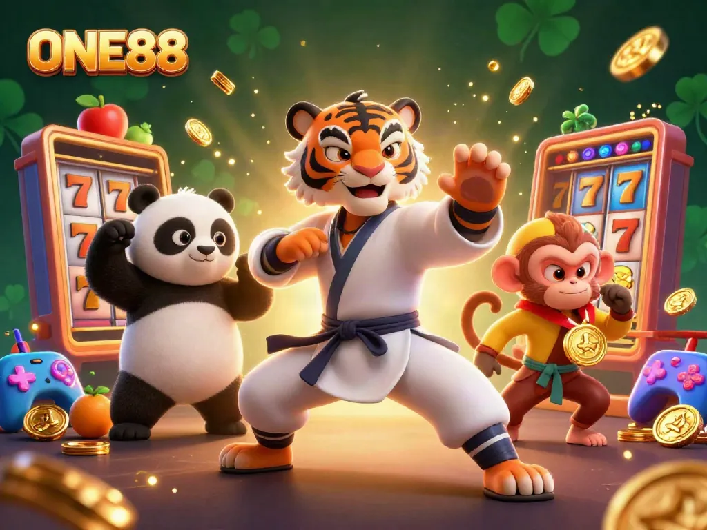 Immerse in the vibrant world of ONE88 slot games with dynamic characters and colorful casino elements in a playful illustration.