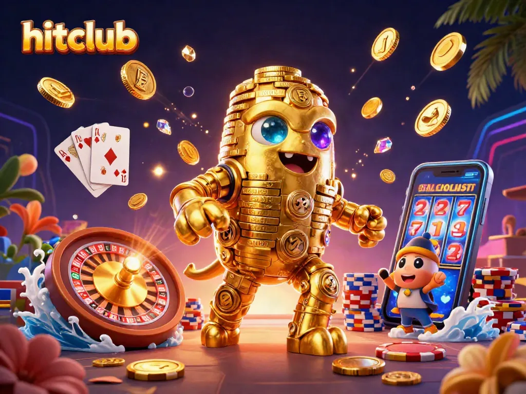 hitclub showcases a dynamic illustration of a golden golem surrounded by cascading coins and a roulette wheel.