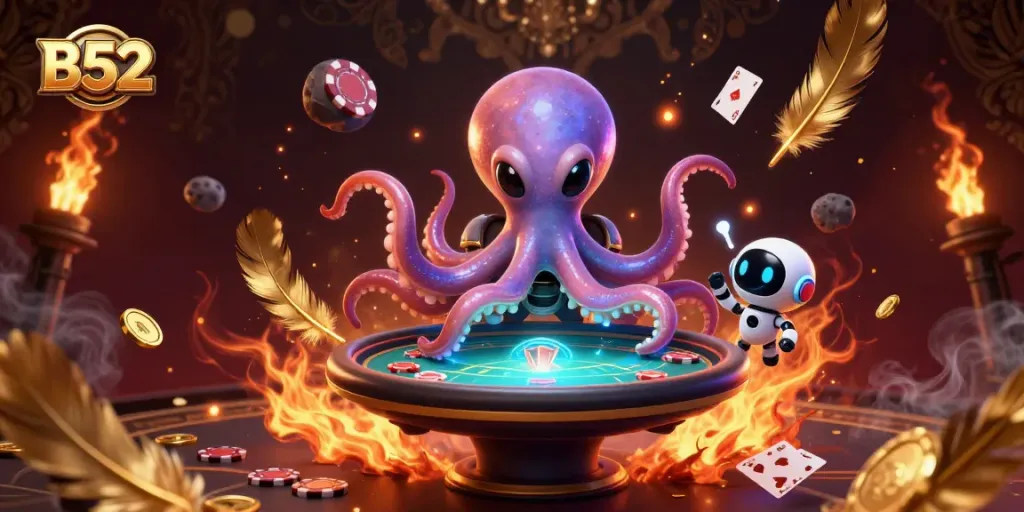 Engaging scene of B52 showcasing a vibrant casino atmosphere with an alien octopus at the poker table.