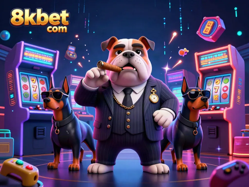 Engage with 8xbet com as a mafia boss bulldog animation dominates a vibrant casino scene.