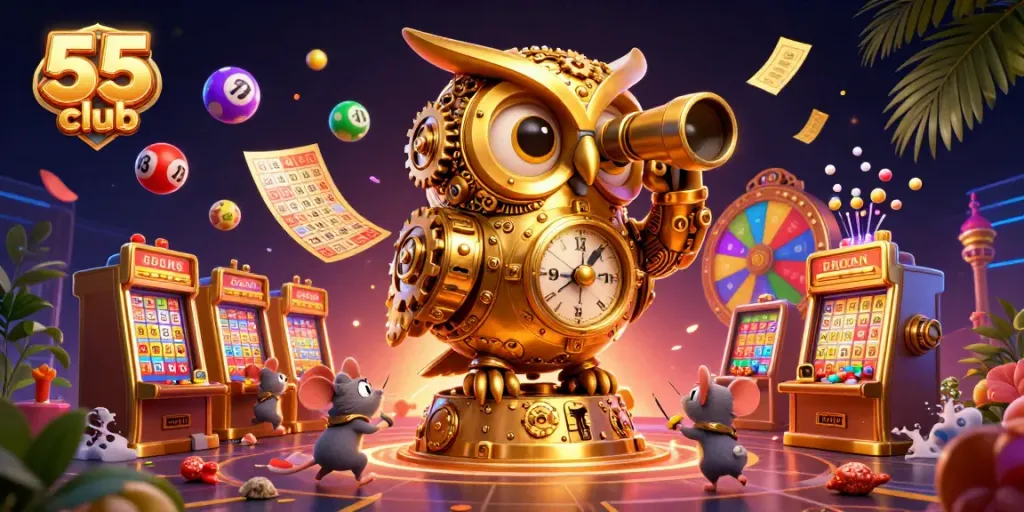 Enjoy thrilling games at 55 club with vibrant lottery balls and captivating casino elements.