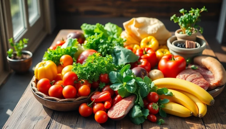 Fresh and colorful healthy food displayed on a rustic wooden table inviting healthy eating choices.