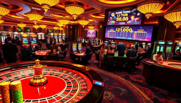 Exciting game bài đổi thưởng scene featuring vibrant roulette and eager players at a luxurious casino.