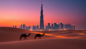 Discover the beauty of travel to Dubai with a stunning desert sunset featuring the iconic Burj Khalifa.