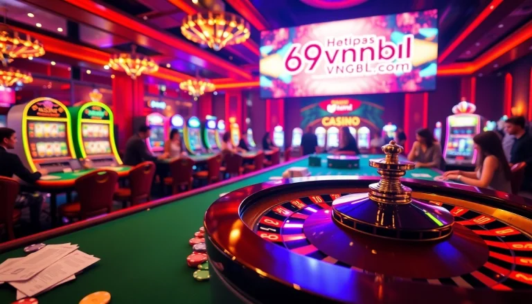 Experience the thrill at https://69vnbl.com/ with a lively casino scene featuring players, roulette, and slot machines.