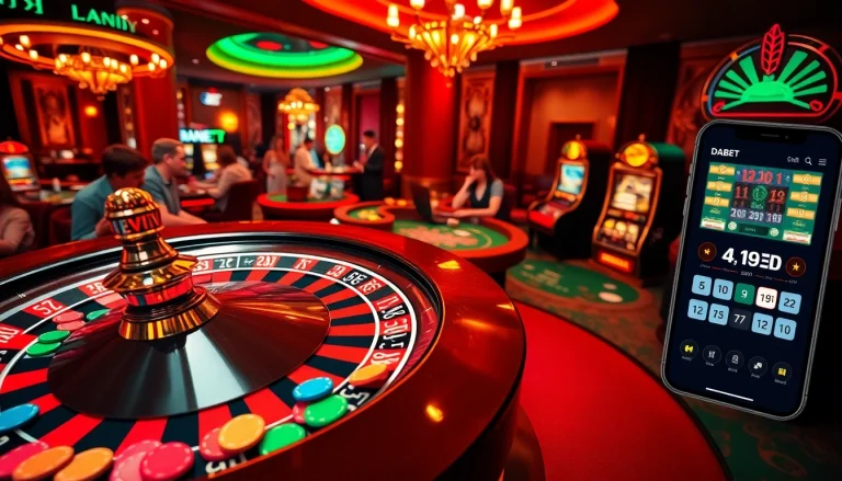 Link vào dabet showcasing an excitement-filled casino with players at roulette and blackjack tables.