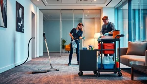 A commercial cleaning team diligently maintaining an upscale office space, ensuring a spotless environment.