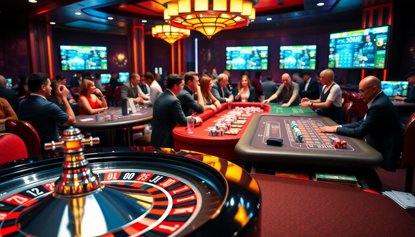 Experience the excitement of thabet casino with players enjoying blackjack, roulette, and slot machines.