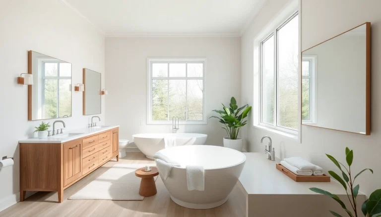 Explore a breathtaking bathroom remodeling with a freestanding tub, elegant vanities, and serene decor.