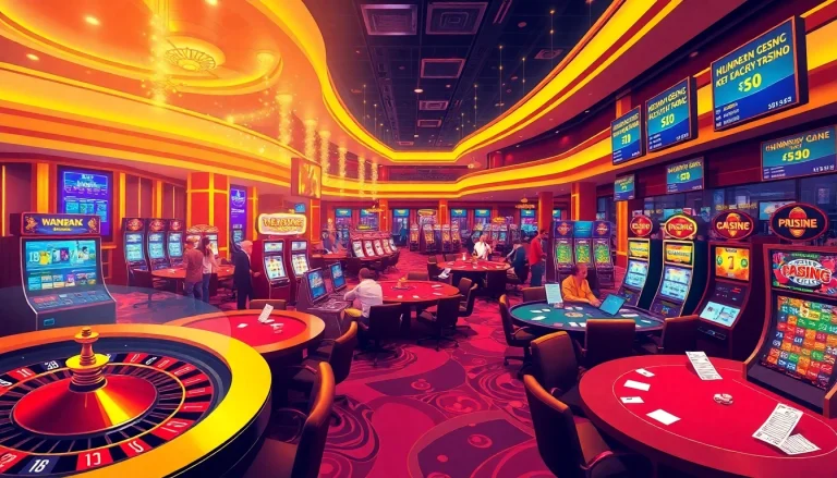 Top nhà cái showcasing a lively casino environment with players at roulette, poker, and slots, emphasizing exciting gambling activities.