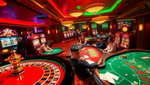 The lively casino scene with players enjoying games featuring the 188bet link, showcasing excitement at the blackjack and roulette tables.
