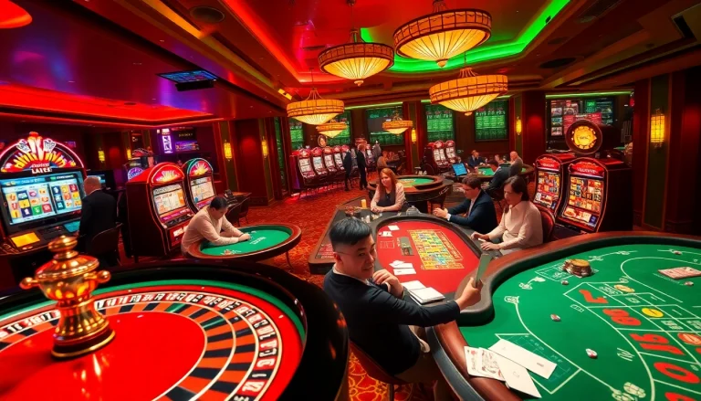 The lively casino scene with players enjoying games featuring the 188bet link, showcasing excitement at the blackjack and roulette tables.