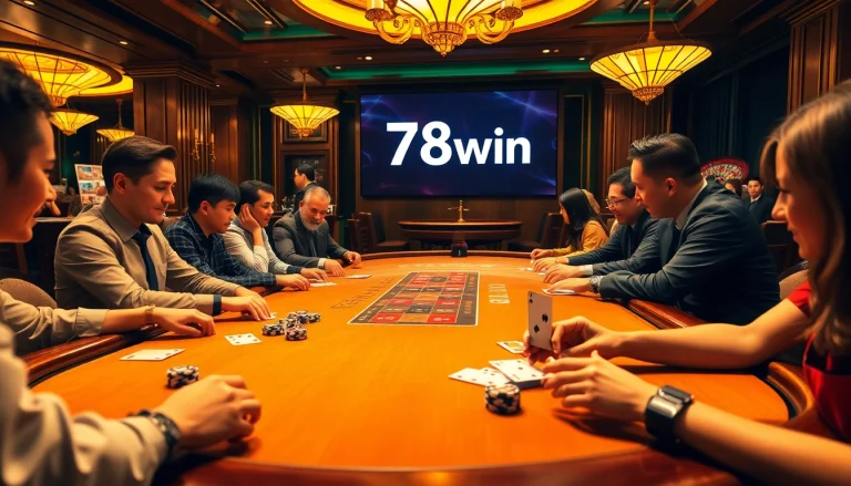 Players enjoying high-stakes poker at the lavish casino table of nhà cái 78win, immersed in the thrill of live gambling.