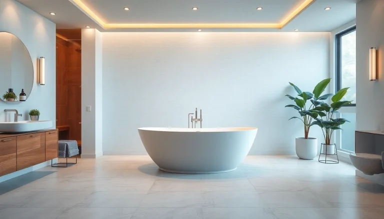 Explore an elegant bathroom remodeling design featuring a freestanding tub, stylish fixtures, and ambient lighting.