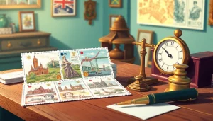 Examine royal mail stamps featuring iconic British landmarks and historic figures, beautifully designed, highlighting nostalgia.