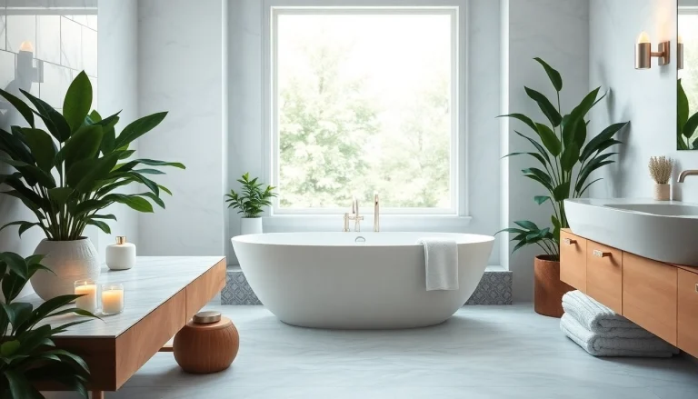 Revamp your space with stunning Bathroom Remodeling showcasing a luxurious freestanding bathtub and elegant plants.