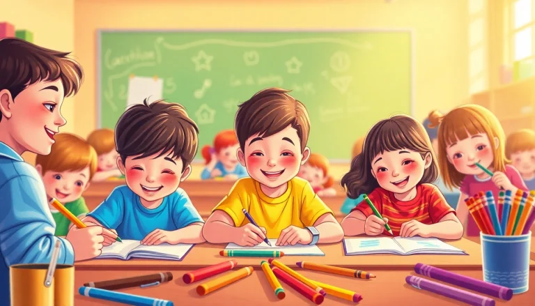 Kids learning and creatively expressing themselves with easy grip pencils in a vibrant classroom setting.