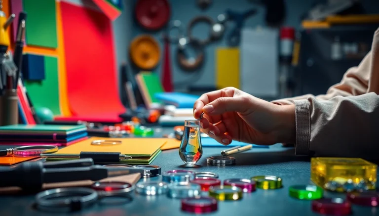 Acrylic keychain maker carefully crafting a unique design with colorful acrylic materials.