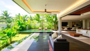 Villa property management showcasing luxury villas in Phuket with lush greenery and inviting décor.