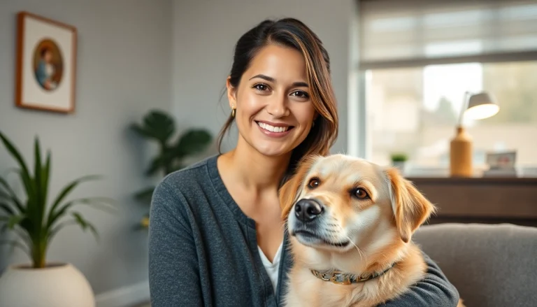Compassionate clinical psychologist Sydney engaging with a therapy dog in a welcoming office setting.