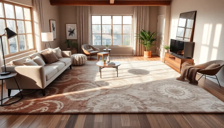 Tappeti moderni Milano enhancing a chic living space with warm lighting and contemporary design.