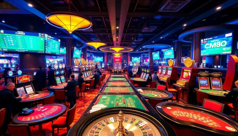 Players enjoy a lively game at the casino with CM88 branding, showcasing excitement and strategy.