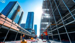 Skilled scaffolders Manchester constructing robust structures on a lively site.