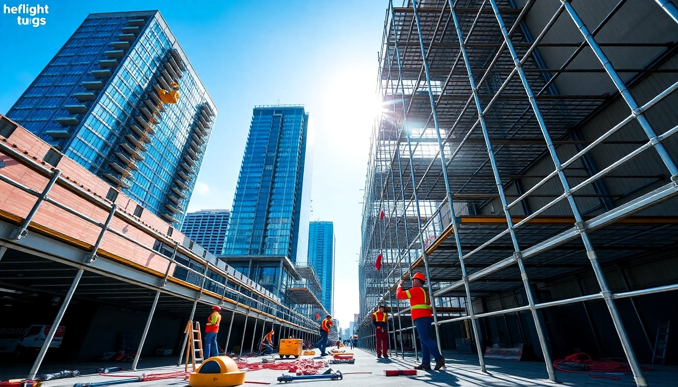 Skilled scaffolders Manchester constructing robust structures on a lively site.