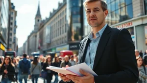 Engaging coverage of london news by a journalist in a bustling urban setting.