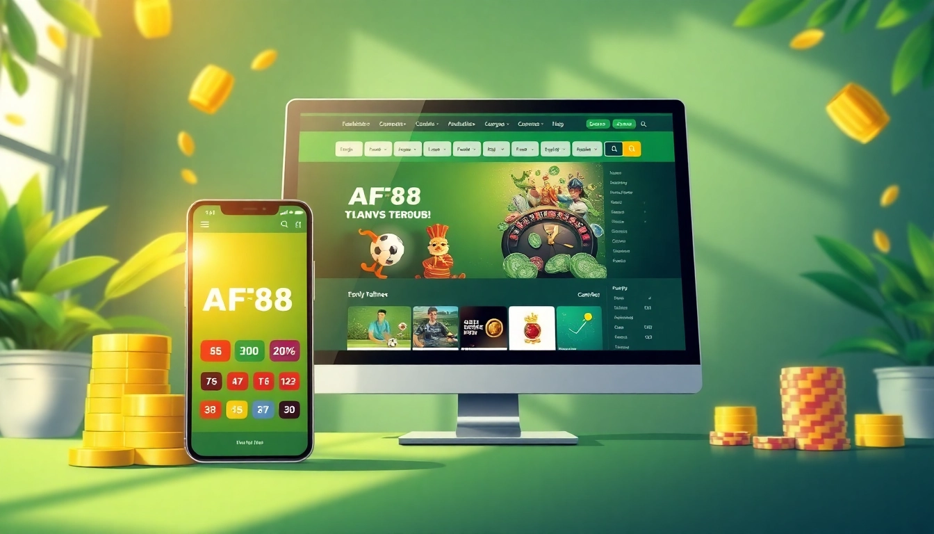 AF88 online betting platform displayed on a mobile and desktop screen with vibrant graphics.