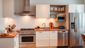 Showcasing бяла техника appliances including dishwashers and ovens, emphasizing modern and retro designs in a vibrant kitchen.