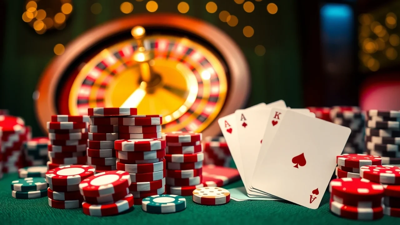 Players winning big at https://32win.cool/, surrounded by poker chips and a spinning roulette wheel.