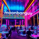 Exciting casino scene representing moonbarguy with energetic patrons enjoying games and vibrant neon lighting.