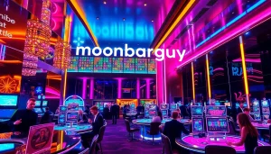 Exciting casino scene representing moonbarguy with energetic patrons enjoying games and vibrant neon lighting.