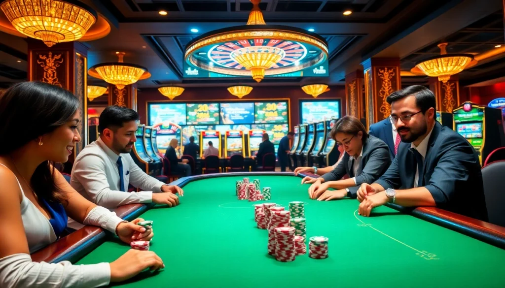Players at win79 club engage in an intense poker game, highlighting vibrant casino atmosphere.