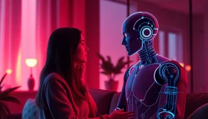 An engaging scene of a person in thoughtful conversation with an AI chatbot, showcasing the essence of ai sex chat in a cozy environment.