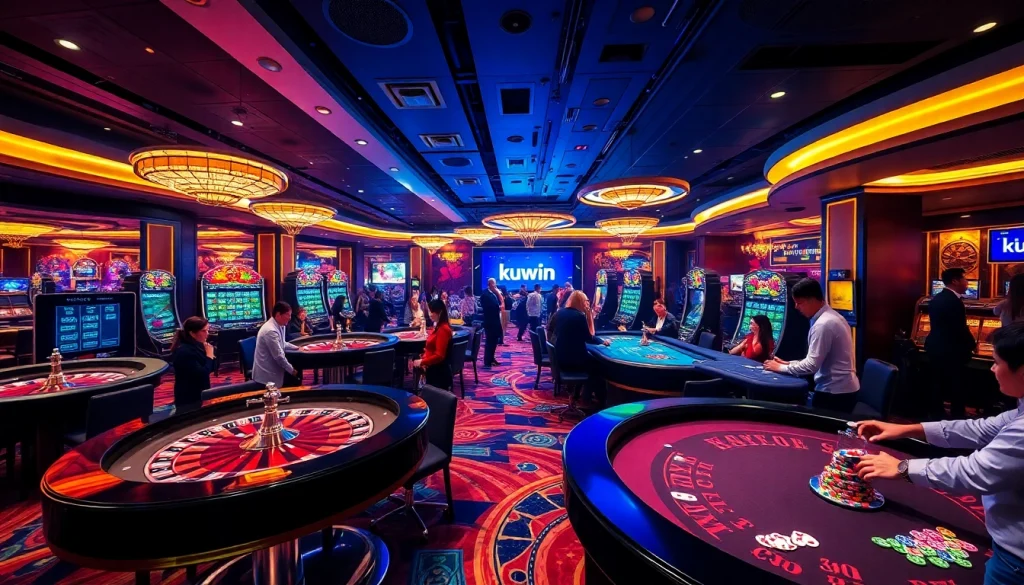 Kuwin gaming floor with vibrant action and engaging players at casino tables.