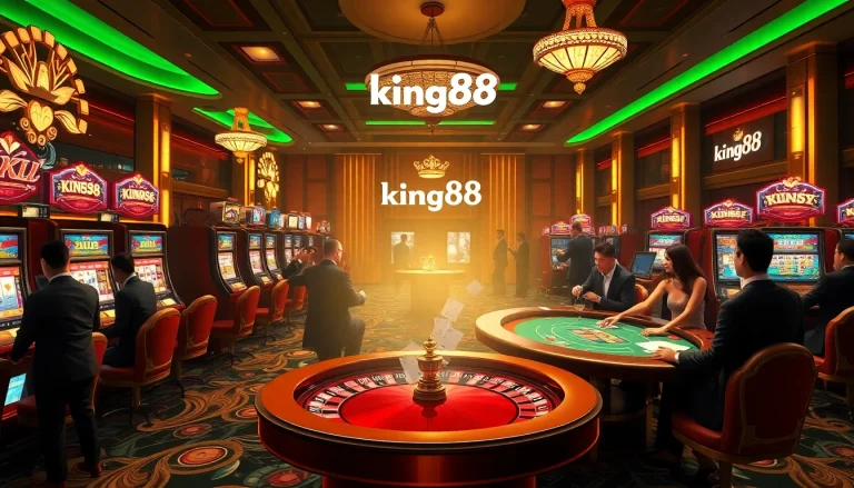 Experience the thrill of king88 at a vibrant casino with players winning at slot machines and poker tables.