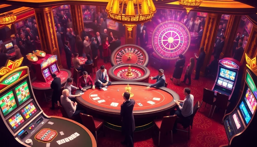 A dynamic gambling scene showcasing the trang chủ 78win casino with players at a poker table, dice in action, and vibrant slot machines.