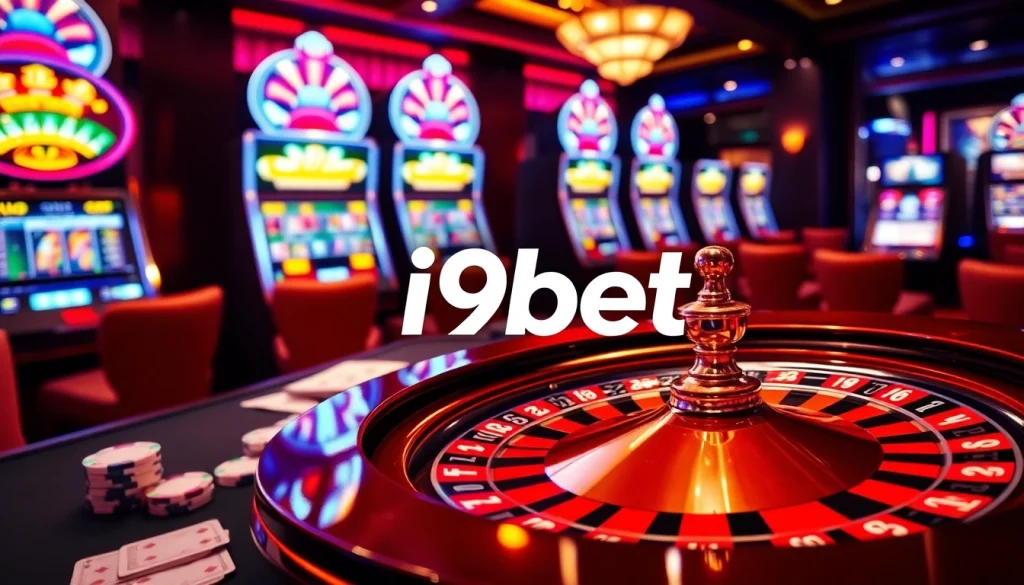 i9bet offers an exciting casino experience with vibrant roulette tables and poker chips.