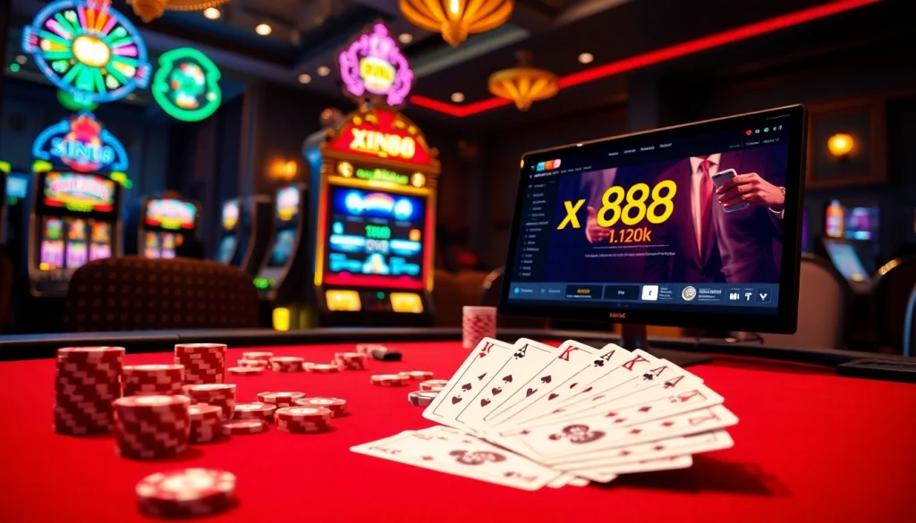 Experience the thrill of gaming with the xin88 link showcased in a luxurious casino setting featuring poker cards and chips.