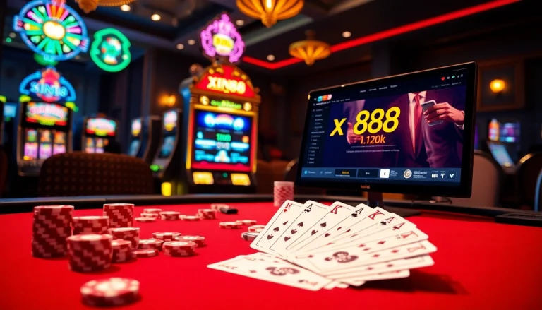 Experience the thrill of gaming with the xin88 link showcased in a luxurious casino setting featuring poker cards and chips.