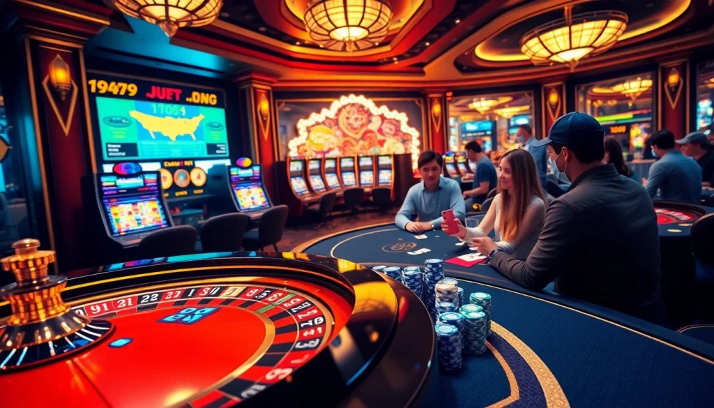 Casino players enjoying vibrant games at https://888new1.app/, featuring roulette and poker activities.