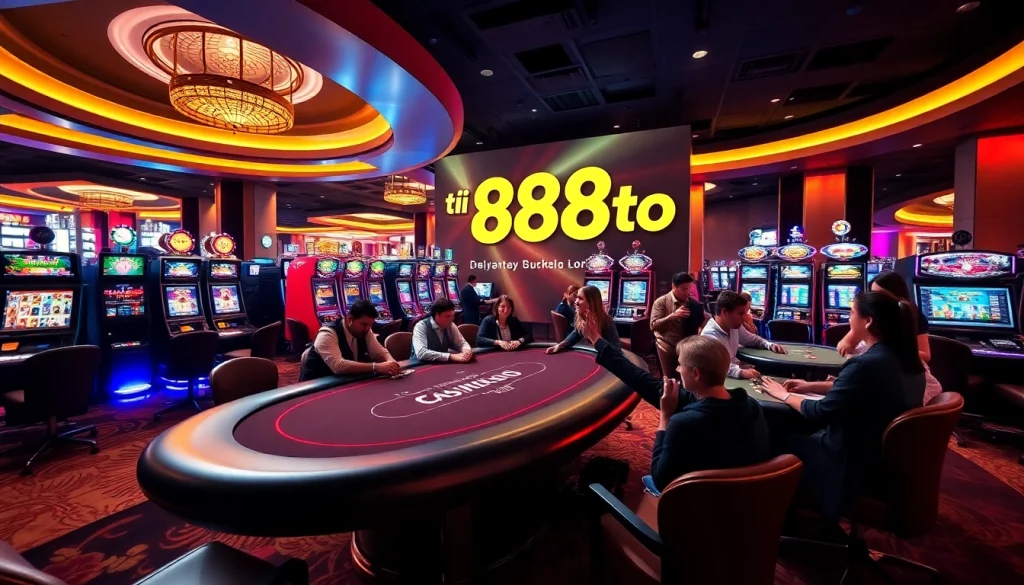 Tải 888to app interface showcased in a luxury casino setting with enthusiastic players.